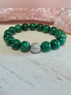 Stunning Green Lepidolite Mica Beaded Bracelet with Pave Cubic Zirconia Focal